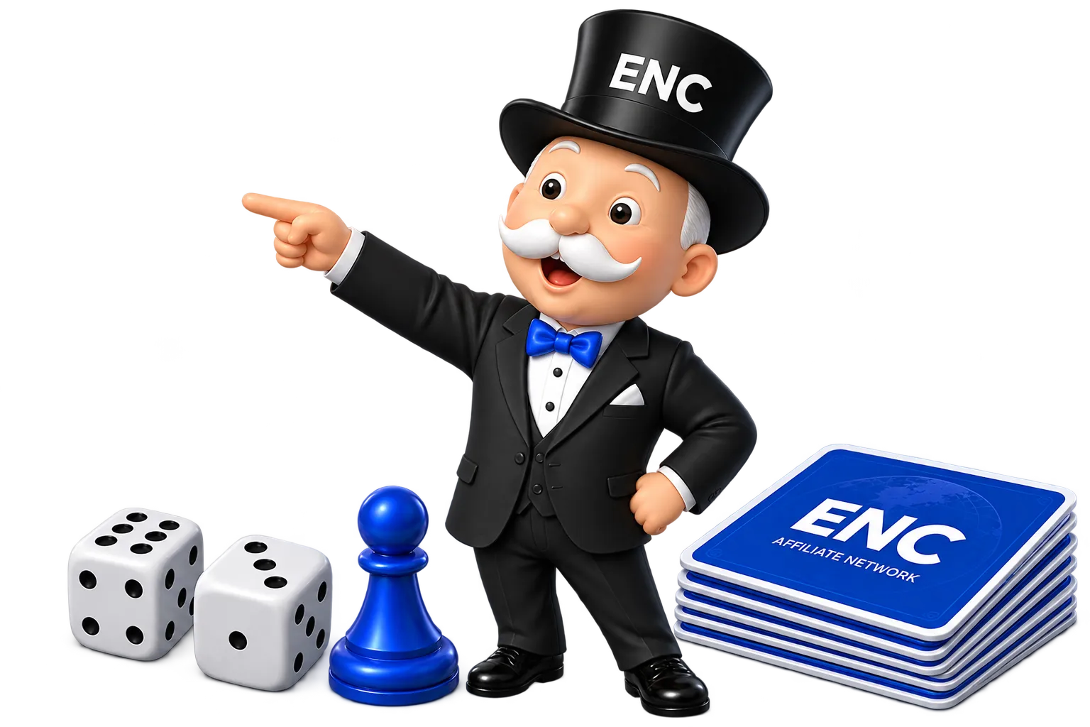 ENC mascot in a tuxedo and ENC top hat pointing toward the headline, with two dice, a blue pawn and a stack of ENC cards